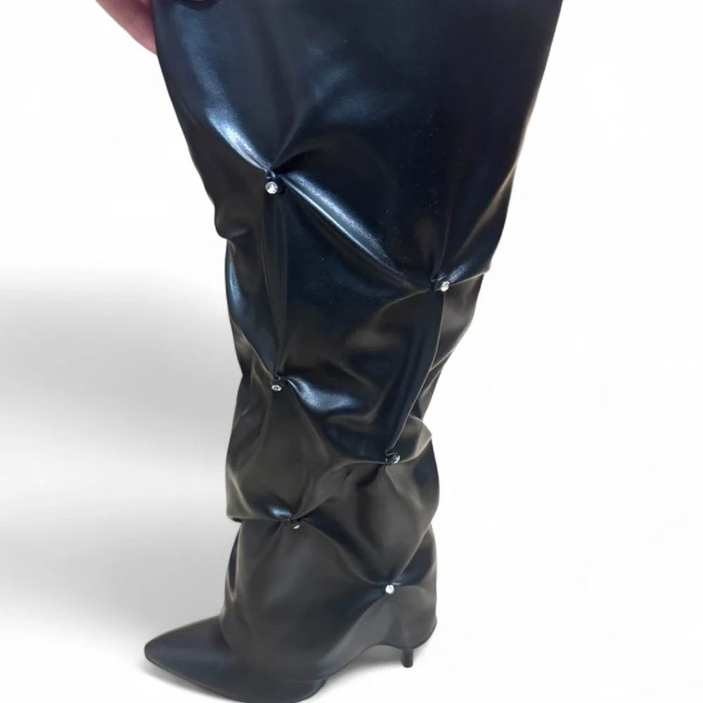 Cider | Women's Black & Rhinestone Knee-High Ruched Stiletto Boots | 10